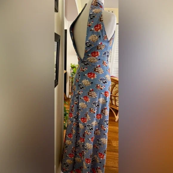 Vintage Dress Maxi 70s Twisted Halter Neck Floral Print Boho Hostess SZ: S - Picture 4 of 5